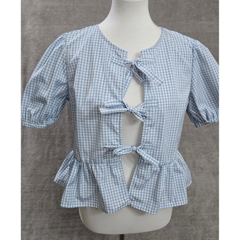 Gingham Peplum Tie Front Top Women Large Blue Cottagecore Coquette Picnic French